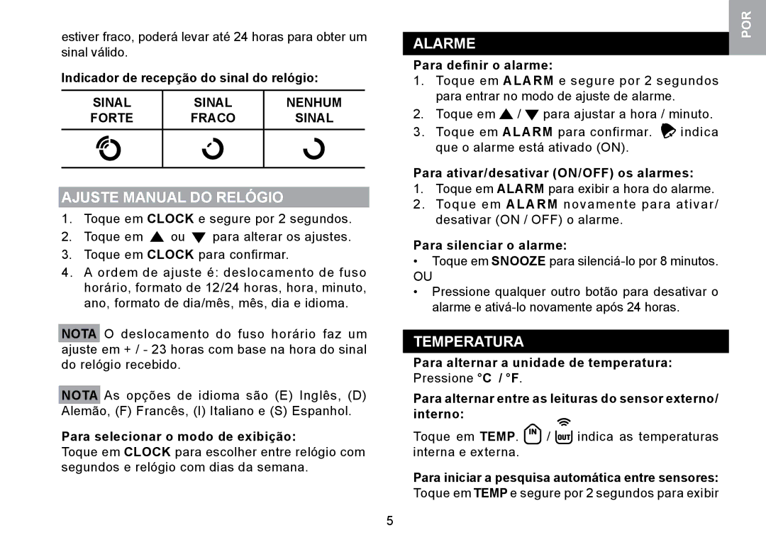 Oregon Scientific RMR329P user manual Ajuste Manual do Relógio, Sinal Nenhum Forte Fraco 