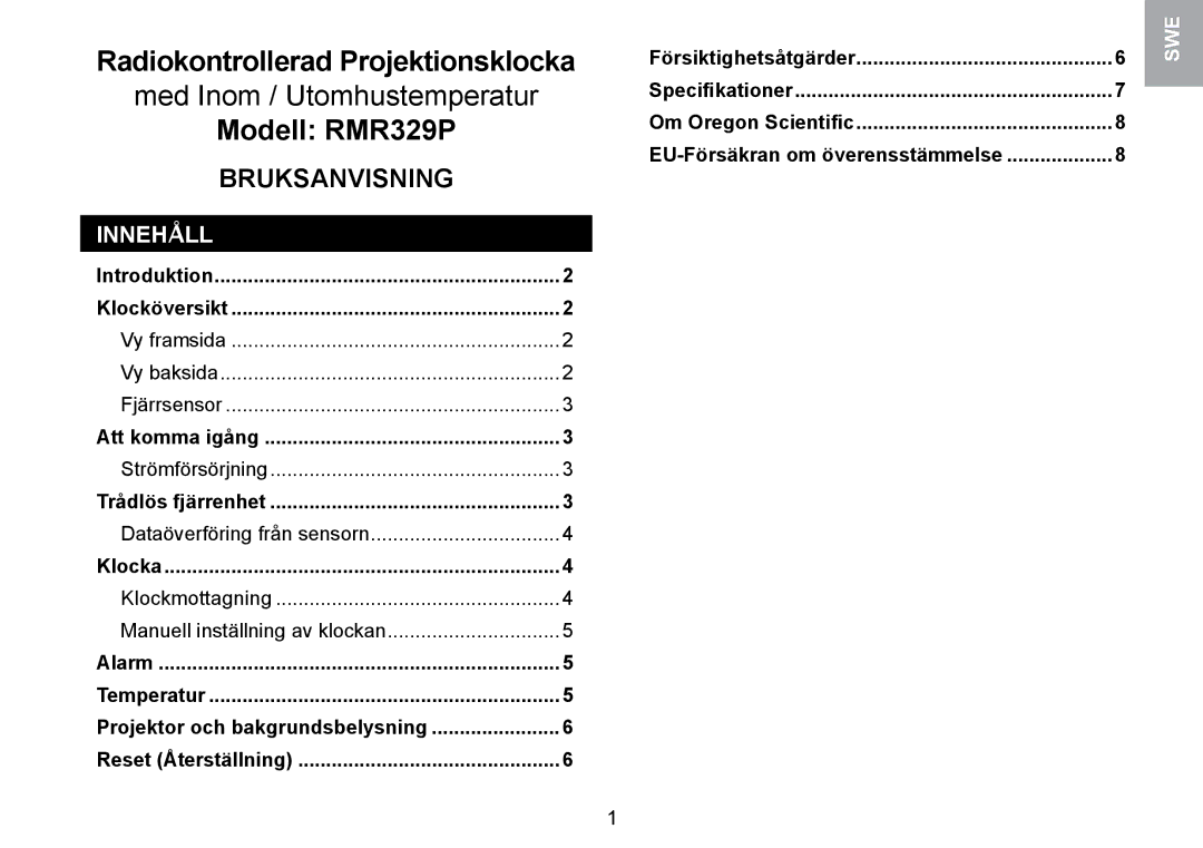 Oregon Scientific RMR329P user manual Innehåll, Strömförsörjning, Dataöverföring från sensorn 