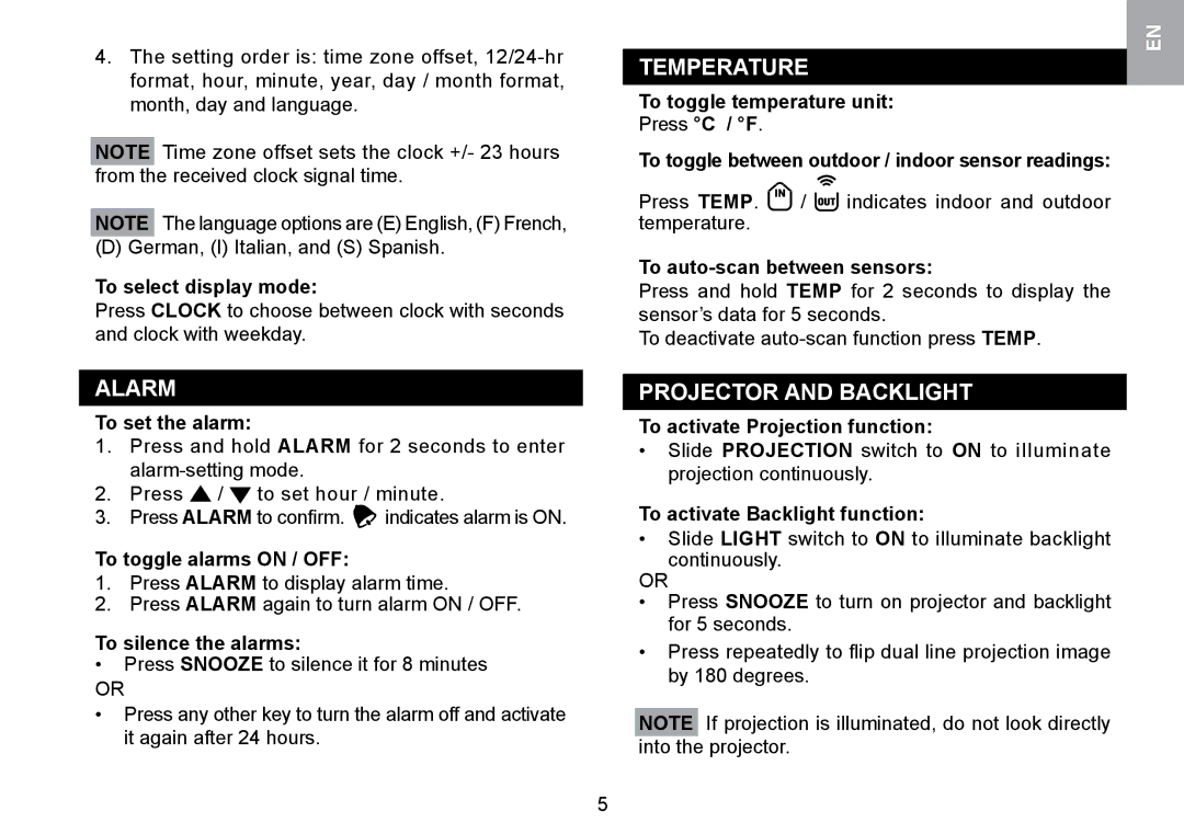 Oregon Scientific RMR329P user manual Alarm, Temperature, Projector and Backlight 