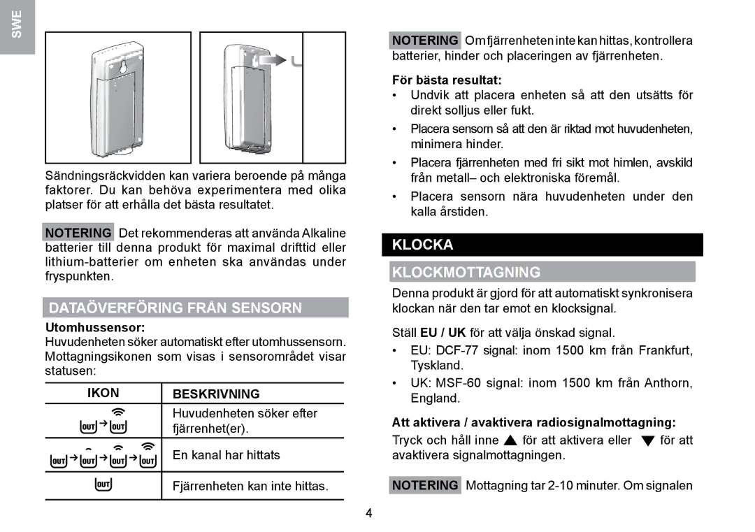 Oregon Scientific RMR329P user manual Dataöverföring Från Sensorn, Klocka Klockmottagning, Ikon Beskrivning 