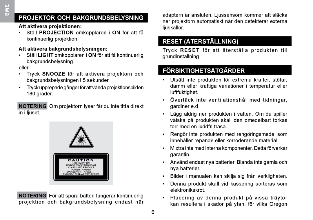 Oregon Scientific RMR329P user manual Projektor OCH Bakgrundsbelysning, Reset Återställning, Försiktighetsåtgärder 