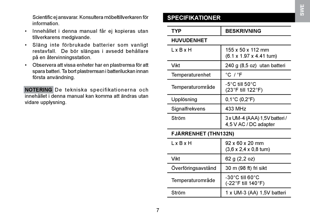 Oregon Scientific RMR329P user manual Specifikationer, TYP Beskrivning Huvudenhet, AC / DC adapter, Fjärrenhet THN132N 