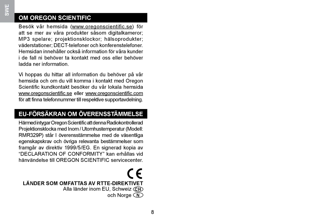 Oregon Scientific RMR329P user manual OM Oregon Scientific EU-FÖRSÄKRAN OM Överensstämmelse, Och Norge N 