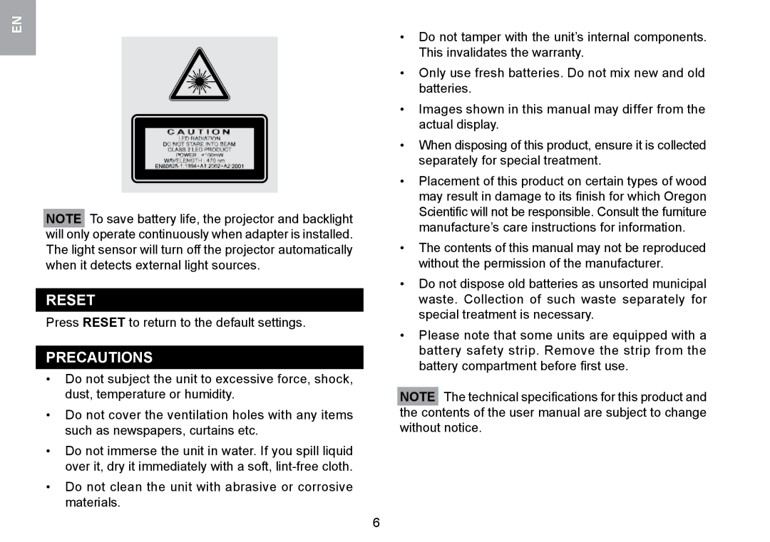 Oregon Scientific RMR329P user manual Precautions, Press Reset to return to the default settings 