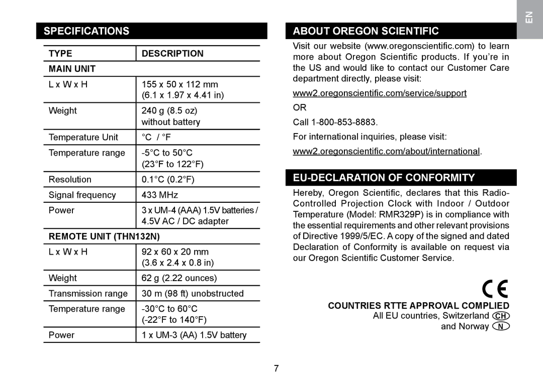 Oregon Scientific RMR329P Specifications, About Oregon Scientific, EU-DECLARATION of Conformity, Remote Unit THN132N 