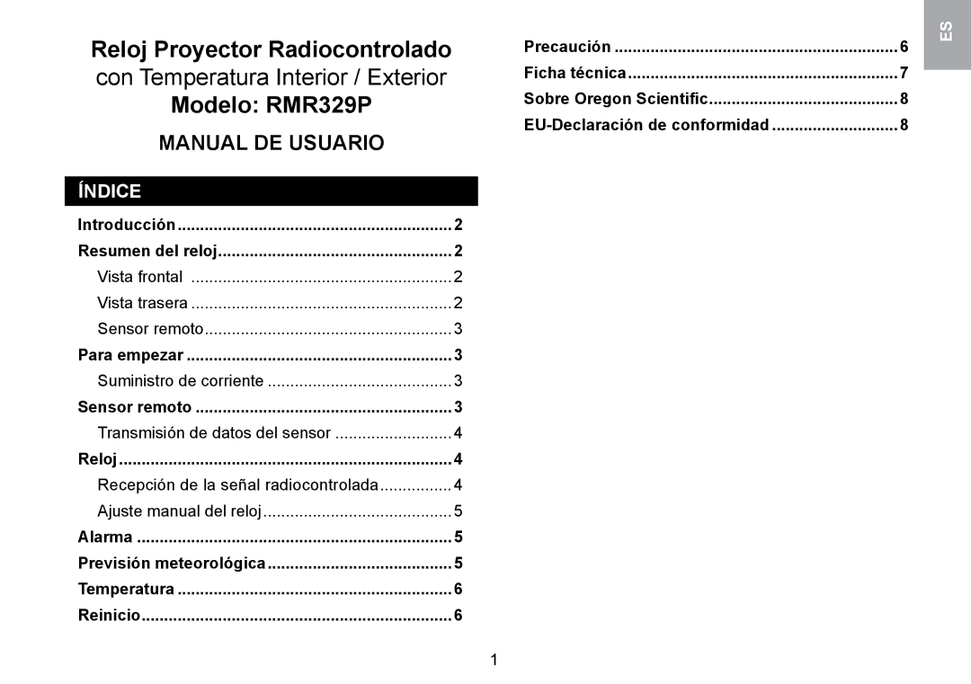 Oregon Scientific RMR329P Índice, Vista frontal, Sensor remoto, Suministro de corriente, Transmisión de datos del sensor 