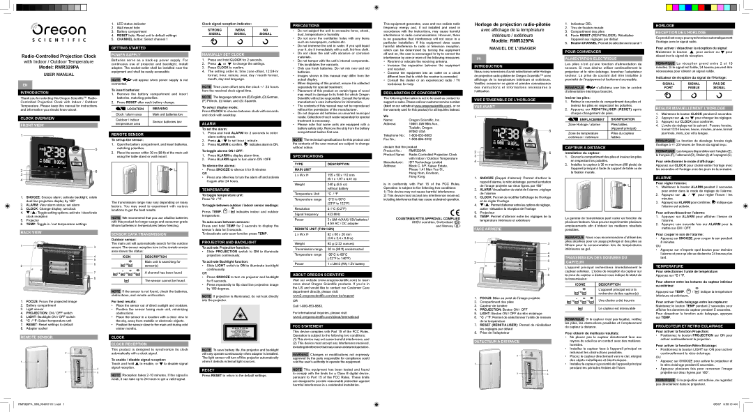 Oregon Scientific RMR329PA user manual Introduction, Clock Overview Front View, Back View, Remote Sensor, Alarm, Reset 