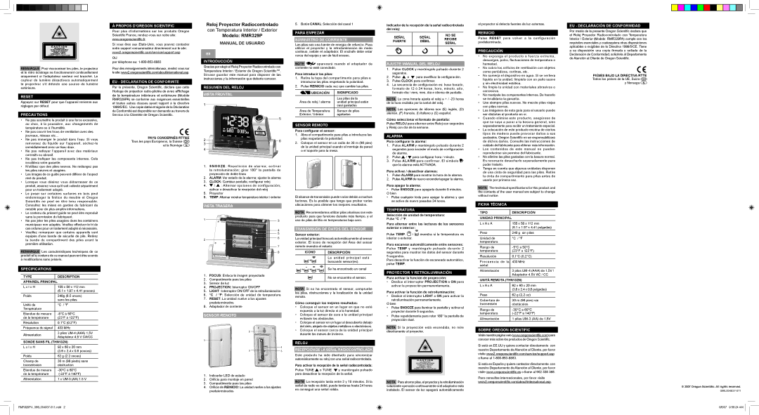 Oregon Scientific RMR329PA Propos D’OREGON Scientific, EU Declaration DE Conformite, Introducción, Vista Trasera, Alarma 