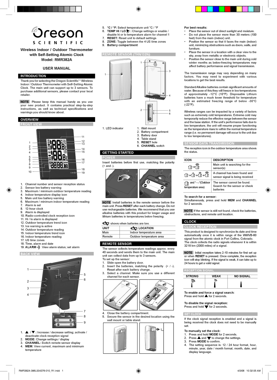 Oregon Scientific RMR382A user manual Remote Sensor THN132N, Introduction, Overview Front View, Back View 