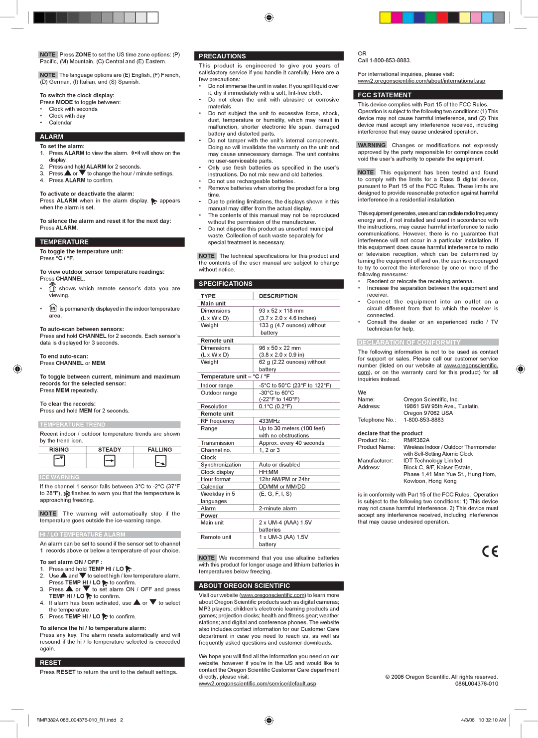 Oregon Scientific RMR382A Alarm, Temperature, Reset, Precautions, Specifications, About Oregon Scientific, FCC Statement 