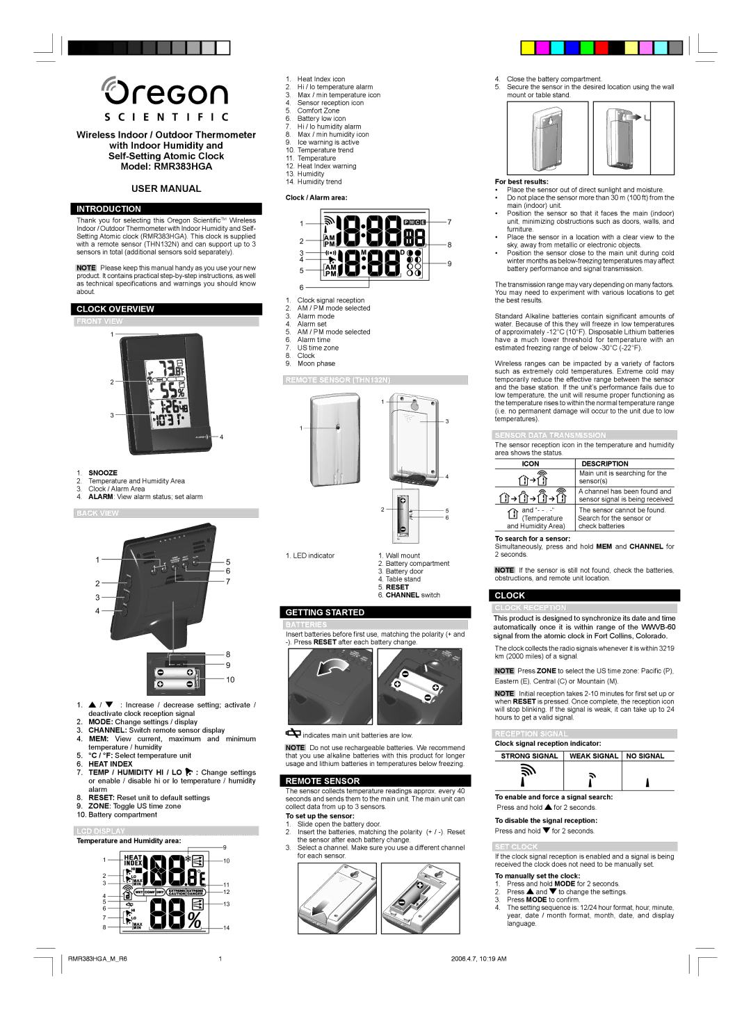 Oregon Scientific RMR383HGA user manual Introduction, Clock Overview, Getting Started, Remote Sensor 