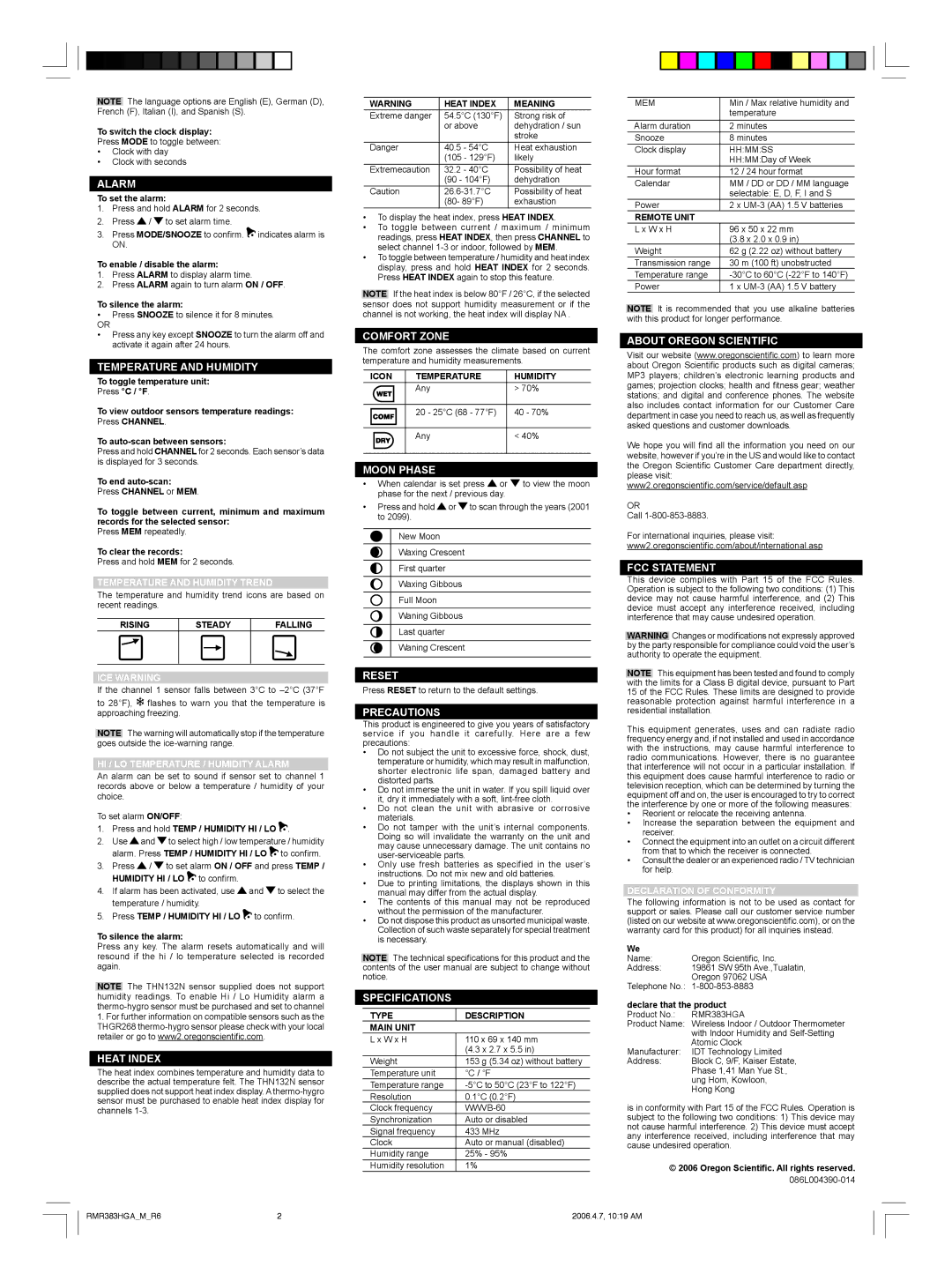 Oregon Scientific RMR383HGA Alarm, Temperature and Humidity, Heat Index, Comfort Zone, Moon Phase, Reset, Precautions 