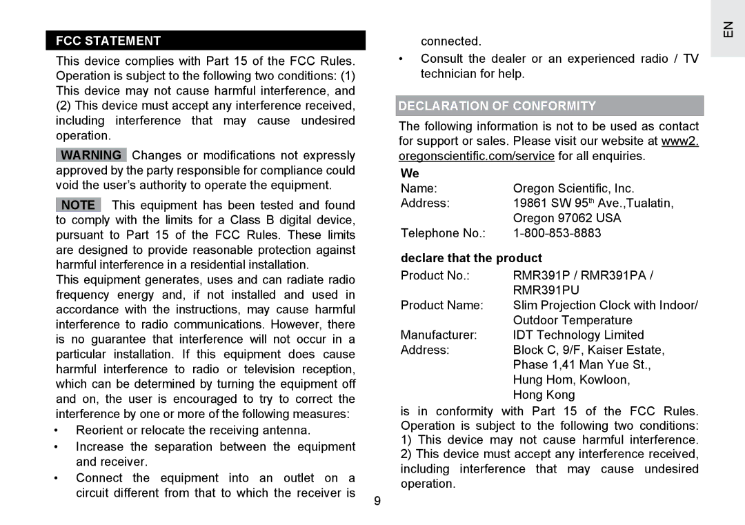 Oregon Scientific RMR391PU user manual FCC Statement, Declaration of Conformity, Declare that the product 