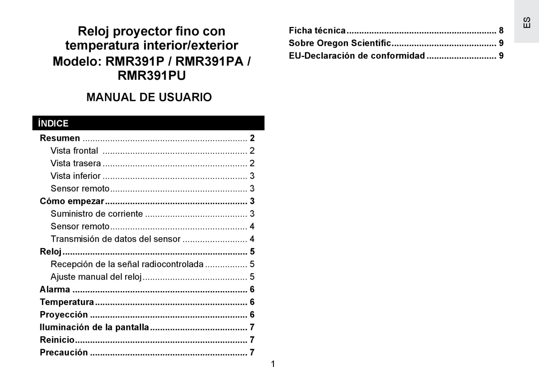 Oregon Scientific RMR391PU user manual Manual DE Usuario, Índice 