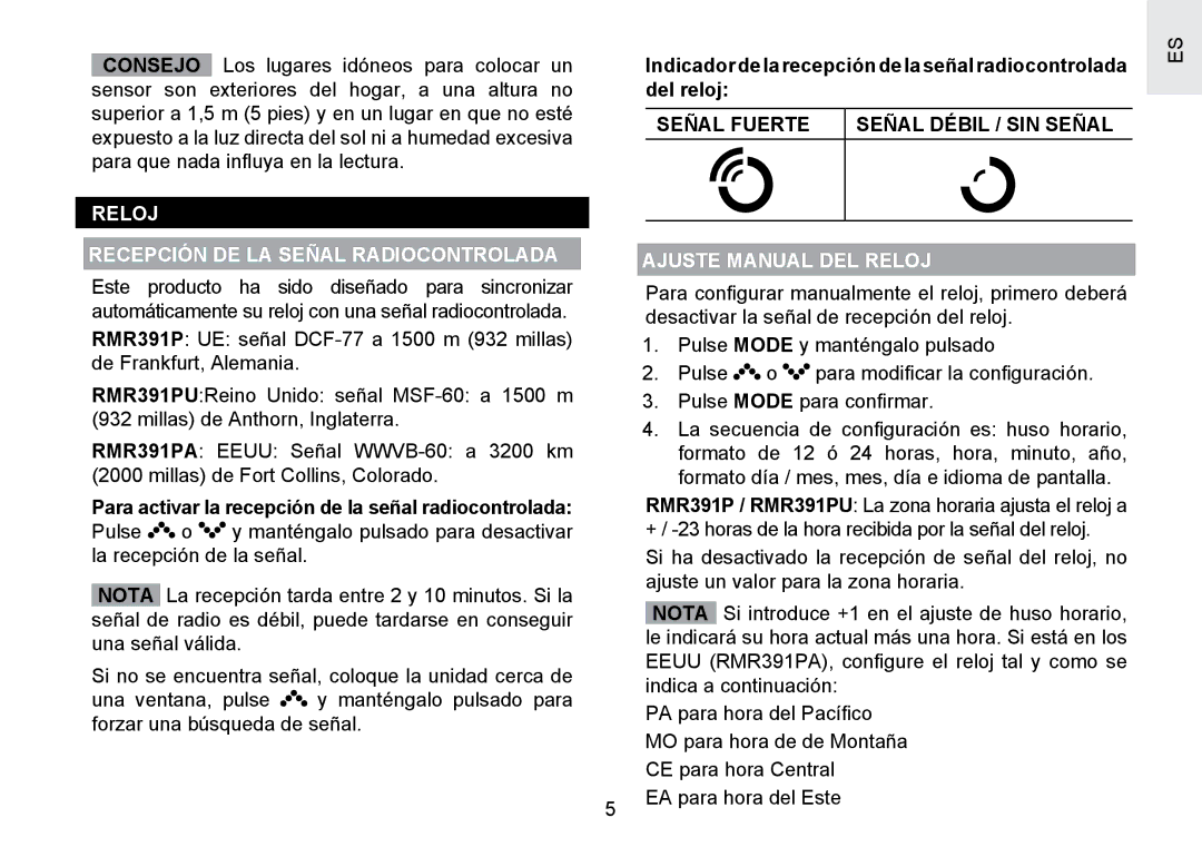 Oregon Scientific RMR391PU user manual Reloj Recepción DE LA Señal Radiocontrolada, Señal Fuerte Señal Débil / SIN Señal 