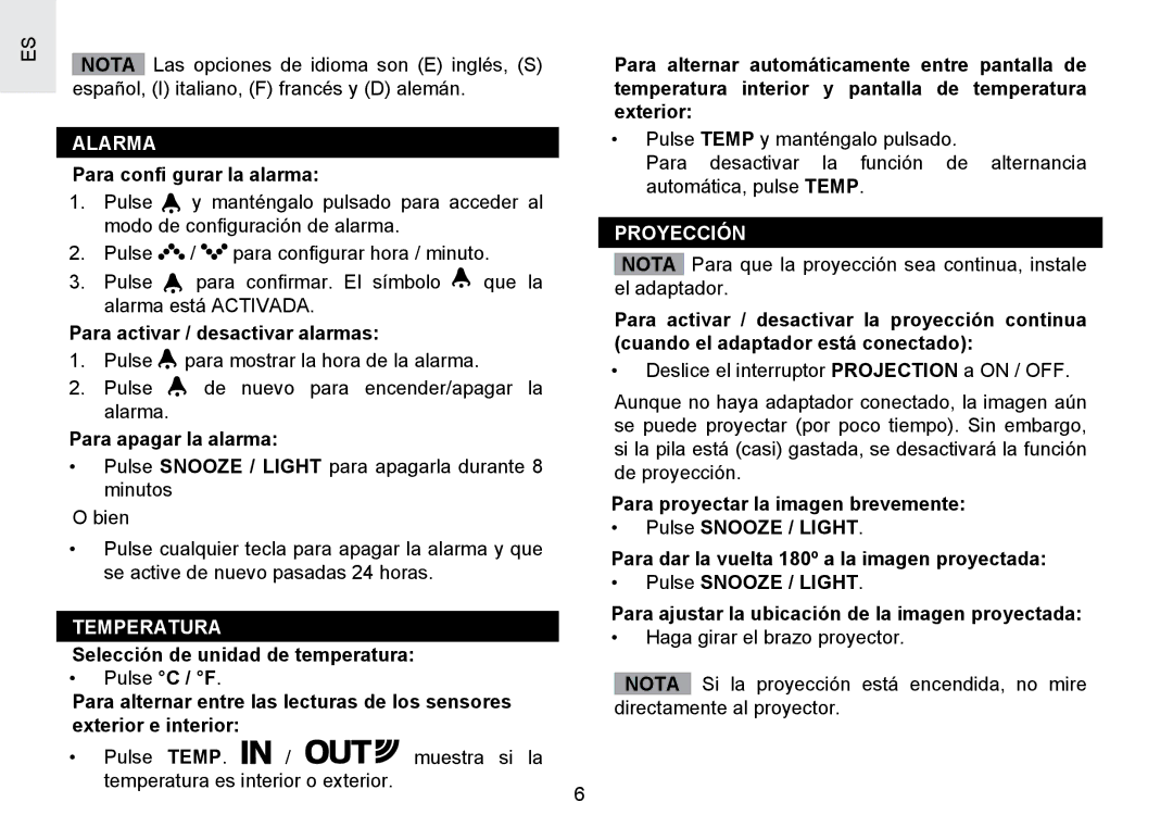 Oregon Scientific RMR391PU user manual Alarma, Temperatura, Proyección 