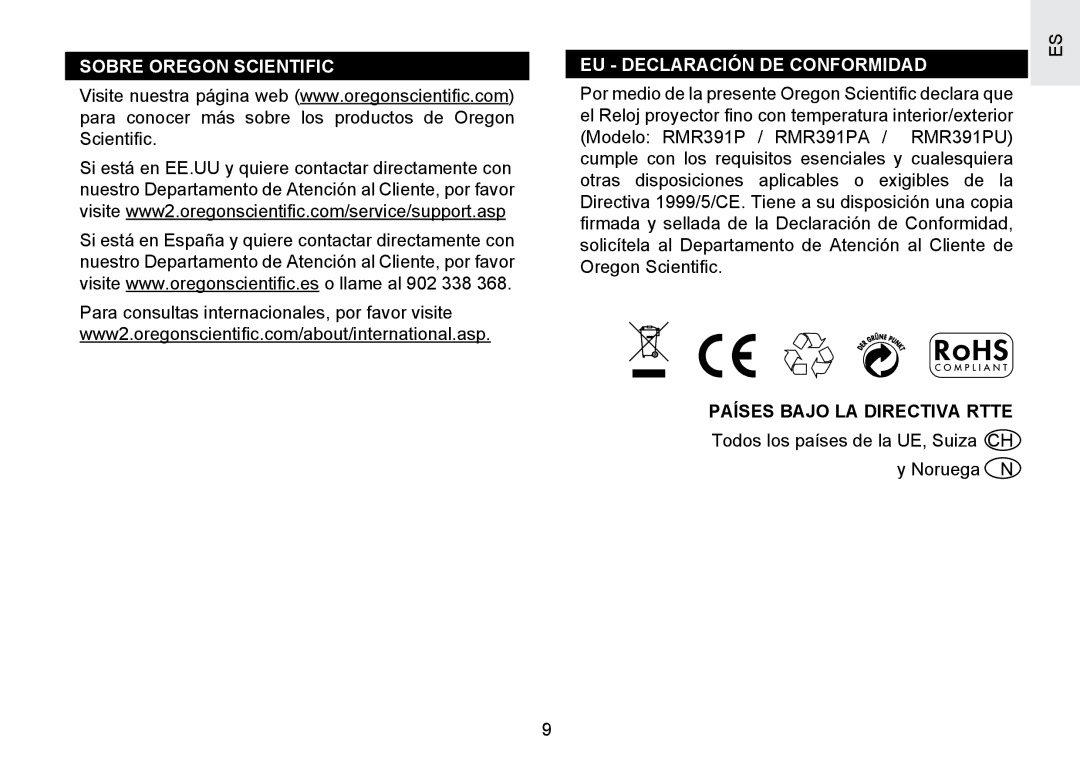 Oregon Scientific RMR391PU user manual Sobre Oregon Scientific EU Declaración DE Conformidad, Países Bajo LA Directiva Rtte 