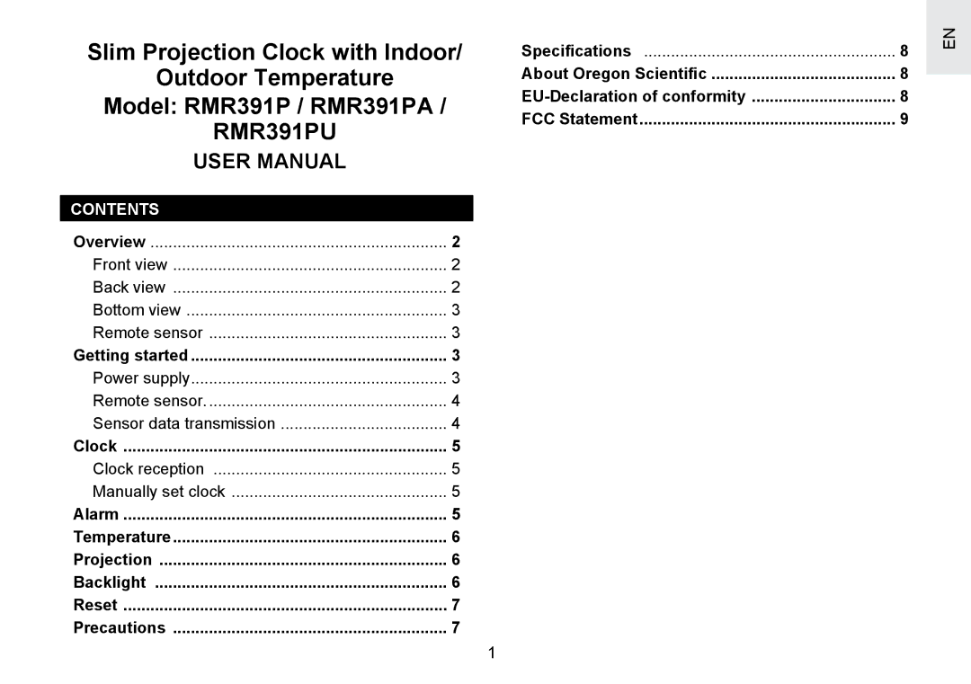 Oregon Scientific RMR391PU user manual Contents 