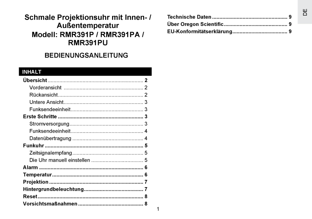 Oregon Scientific RMR391PU user manual Bedienungsanleitung, Inhalt 