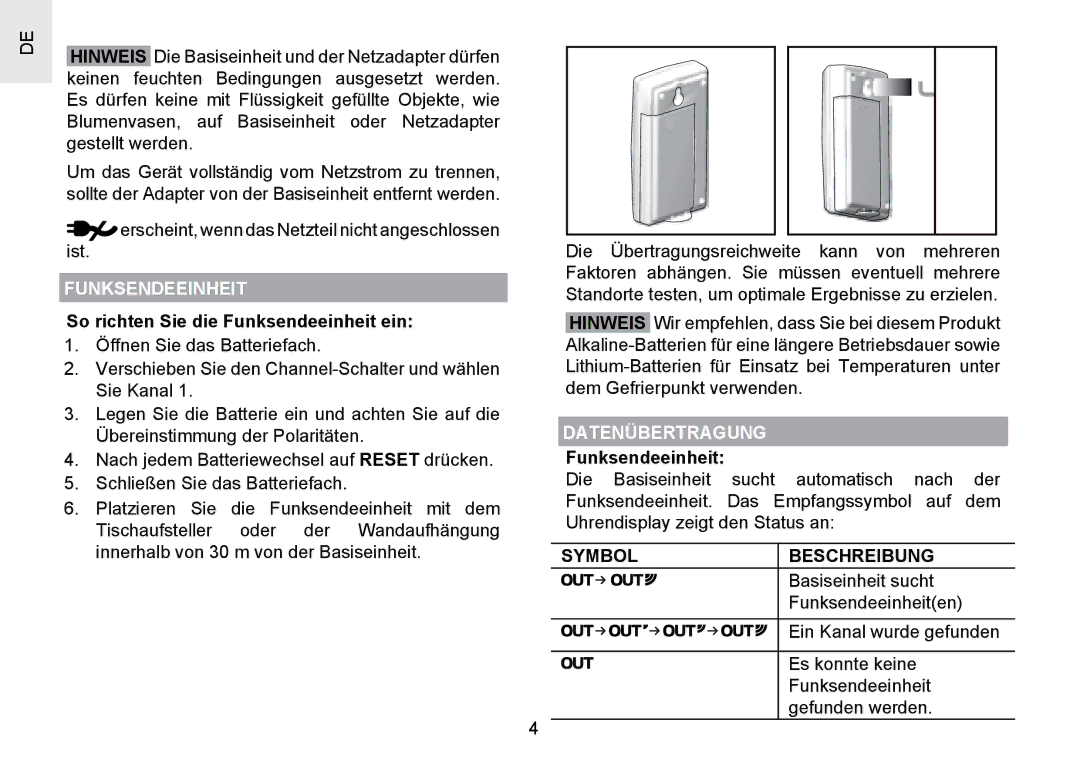 Oregon Scientific RMR391PU user manual So richten Sie die Funksendeeinheit ein, Datenübertragung, Symbol Beschreibung 