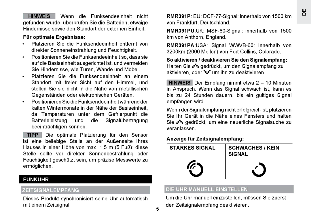 Oregon Scientific RMR391PU Funkuhr Zeitsignalempfang, Starkes Signal Schwaches / Kein, DIE UHR Manuell Einstellen 