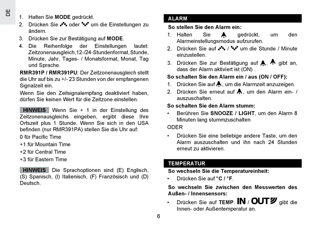 Oregon Scientific RMR391PU So stellen Sie den Alarm ein, So schalten Sie den Alarm ein / aus on / OFF, Temperatur 