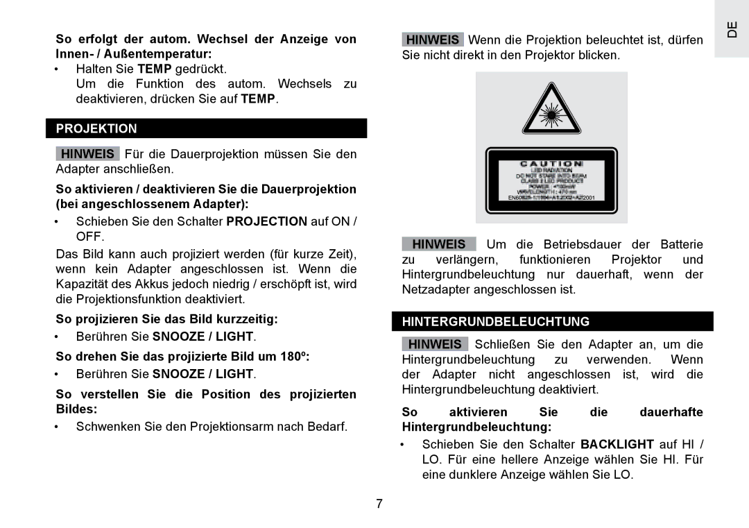 Oregon Scientific RMR391PU user manual Projektion, Hintergrundbeleuchtung 