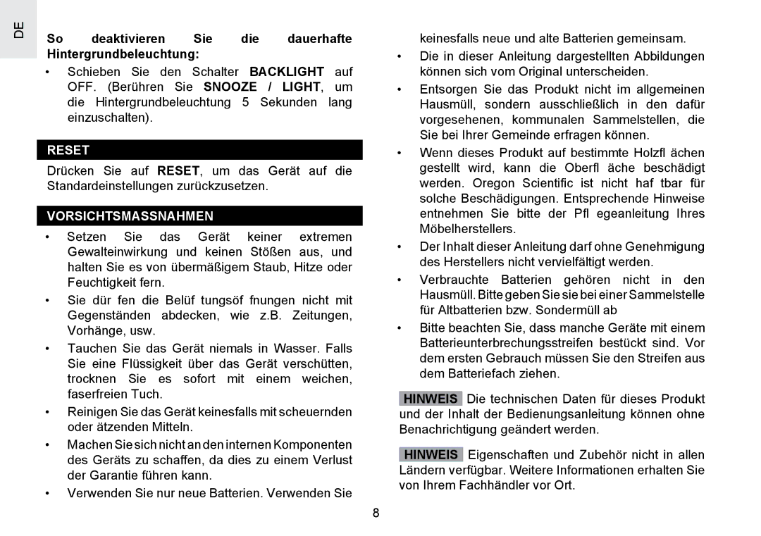 Oregon Scientific RMR391PU user manual So deaktivieren Sie die dauerhafte Hintergrundbeleuchtung, Vorsichtsmassnahmen 