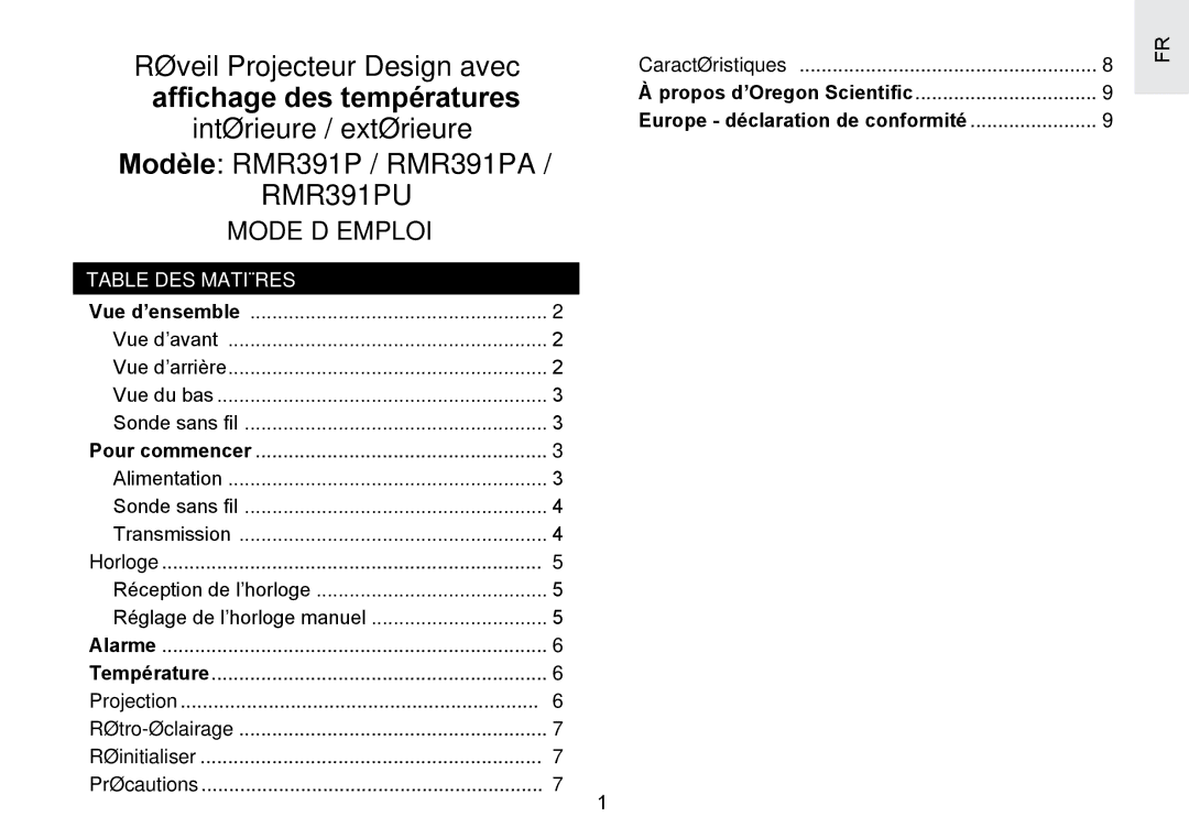 Oregon Scientific RMR391PU user manual Mode D’EMPLOI, Table DES Matières 