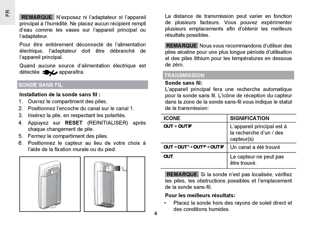 Oregon Scientific RMR391PU user manual Installation de la sonde sans ﬁl, Transmission, Sonde sans ﬁl, Icone Signification 