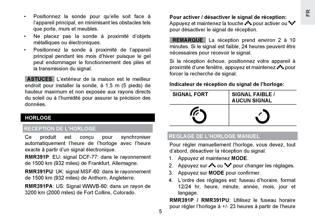 Oregon Scientific RMR391PU user manual Horloge Reception DE L’HORLOGE, Indicateur de réception du signal de l’horloge 