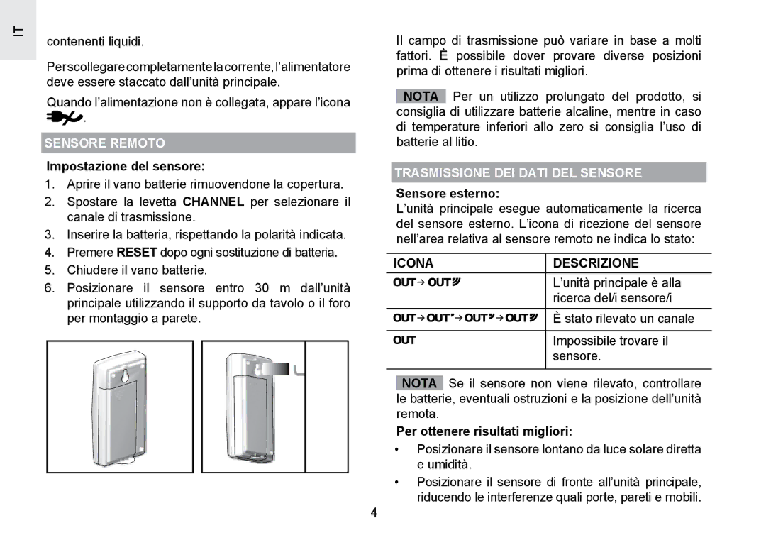 Oregon Scientific RMR391PU user manual Impostazione del sensore, Icona Descrizione, Per ottenere risultati migliori 