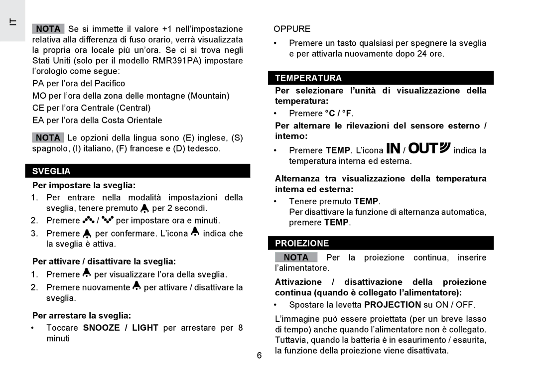 Oregon Scientific RMR391PU user manual Sveglia, Proiezione 