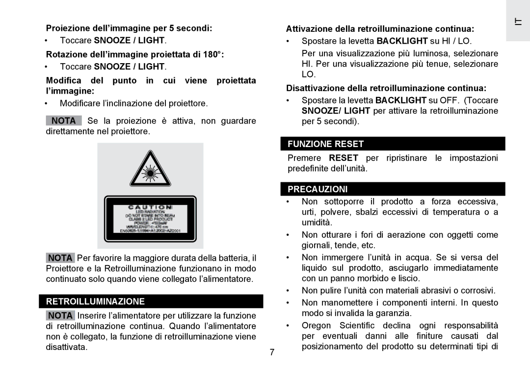 Oregon Scientific RMR391PU Attivazione della retroilluminazione continua, Disattivazione della retroilluminazione continua 