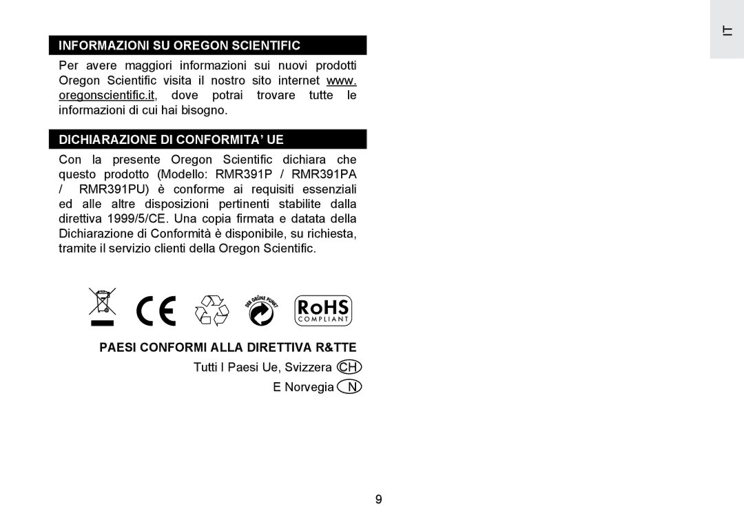 Oregon Scientific RMR391PU user manual Paesi Conformi Alla Direttiva R&TTE 