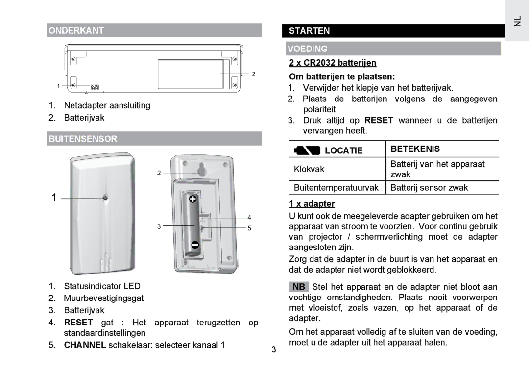 Oregon Scientific RMR391PU user manual Onderkant Starten Voeding, CR2032 batterijen Om batterijen te plaatsen, Buitensensor 