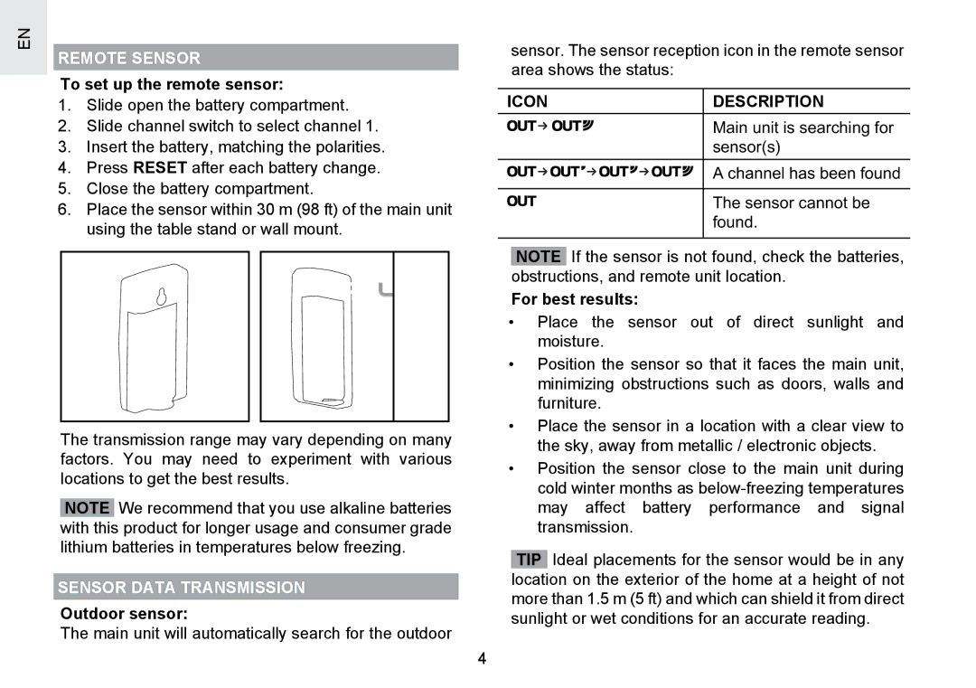 Oregon Scientific RMR391PU To set up the remote sensor, Sensor Data Transmission, Outdoor sensor, Icon Description 