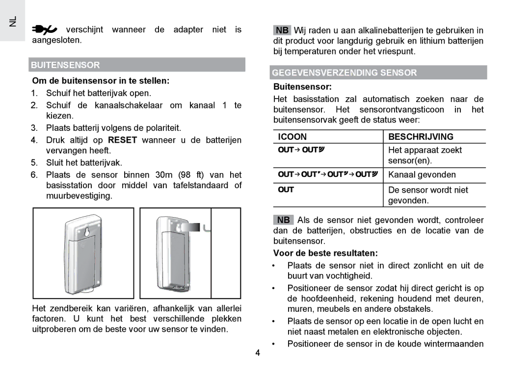 Oregon Scientific RMR391PU Om de buitensensor in te stellen, Gegevensverzending Sensor, Buitensensor, Icoon Beschrijving 