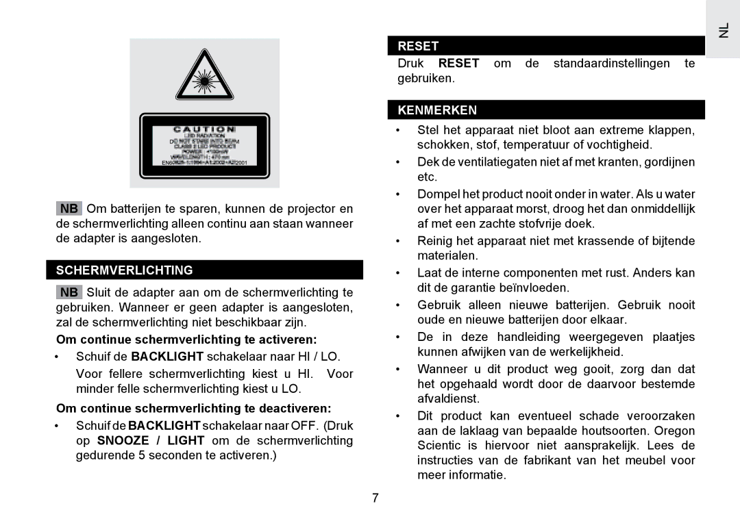 Oregon Scientific RMR391PU user manual Schermverlichting, Om continue schermverlichting te activeren, Kenmerken 