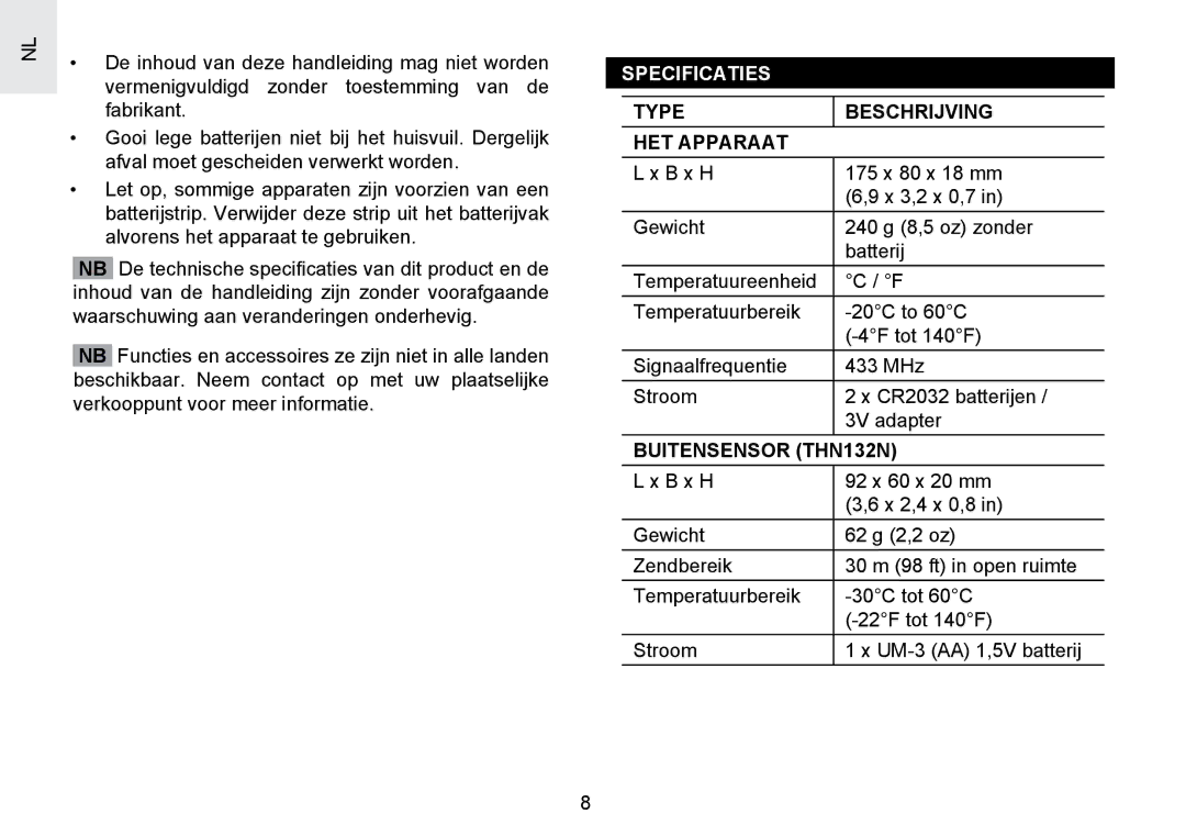 Oregon Scientific RMR391PU user manual Specificaties, Type Beschrijving HET Apparaat, Buitensensor THN132N 