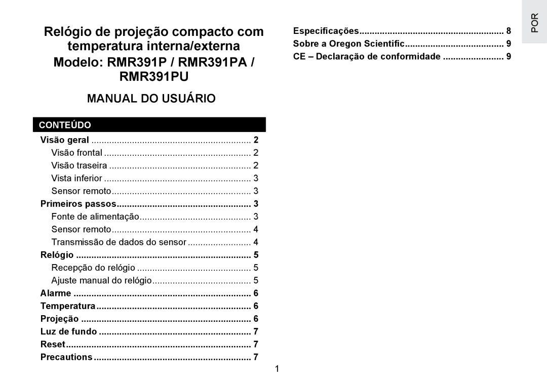 Oregon Scientific RMR391PU user manual Manual do Usuário, Conteúdo 