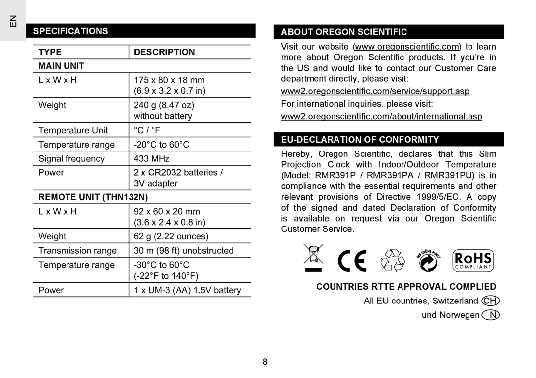 Oregon Scientific RMR391PU user manual Specifications, About Oregon Scientific, EU-DECLARATION of Conformity 