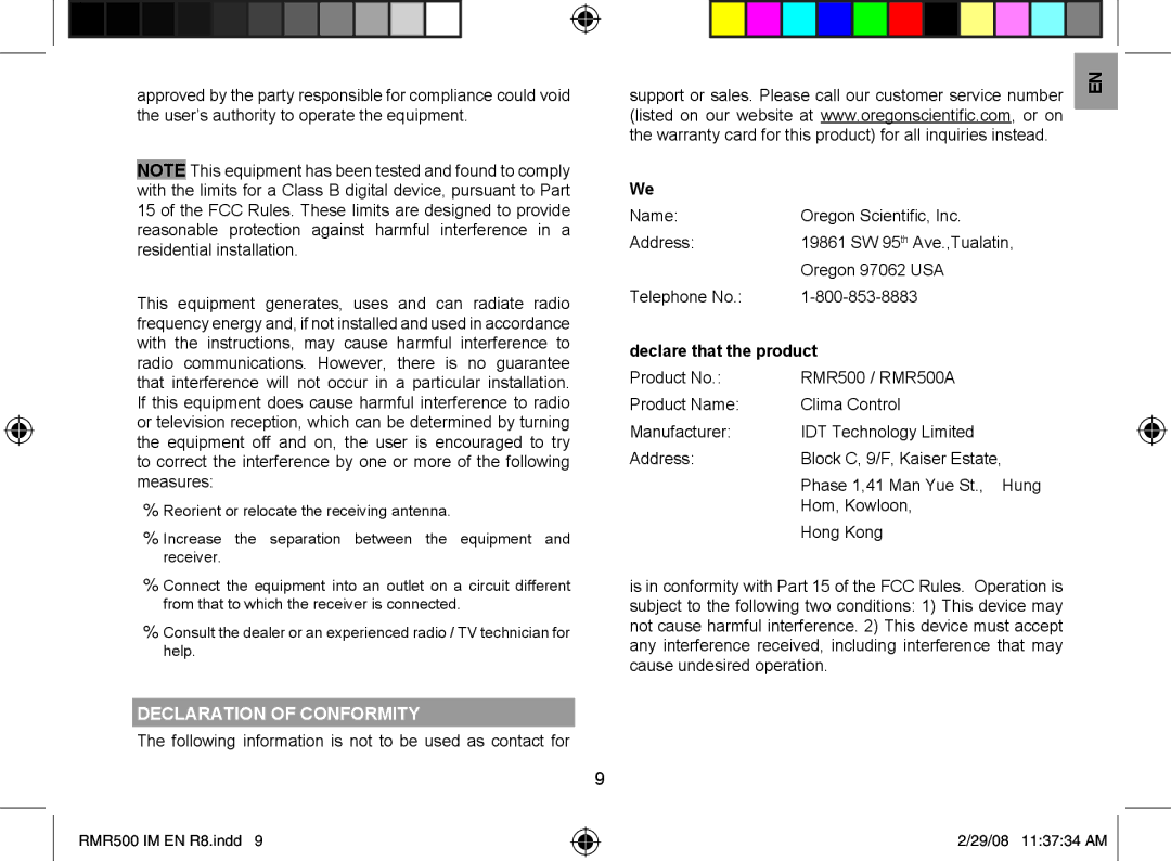 Oregon Scientific RMR500A user manual Declare that the product, Declaration of Conformity 