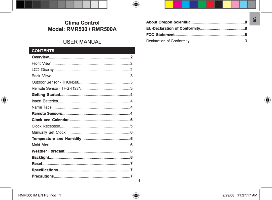 Oregon Scientific user manual Contents, Clima Control, Model RMR500 / RMR500A, User Manual, RMR500 IM EN R8.indd 