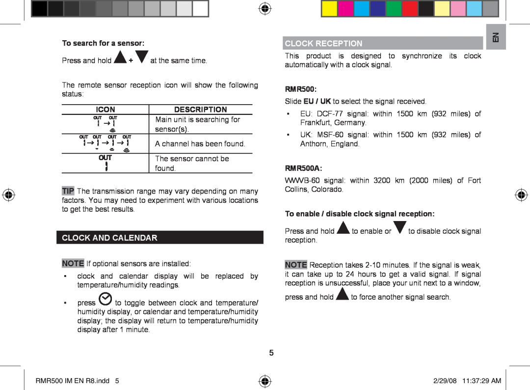 Oregon Scientific user manual To search for a sensor, Icon, Description, Clock And Calendar, Clock Reception, RMR500A 