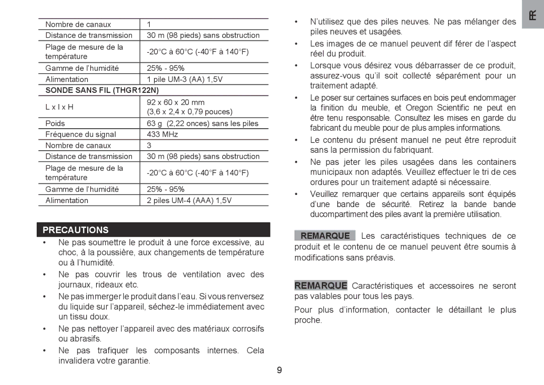 Oregon Scientific RMR500ESA, RMR500ESU user manual Precautions, Sonde Sans FIL THGR122N 