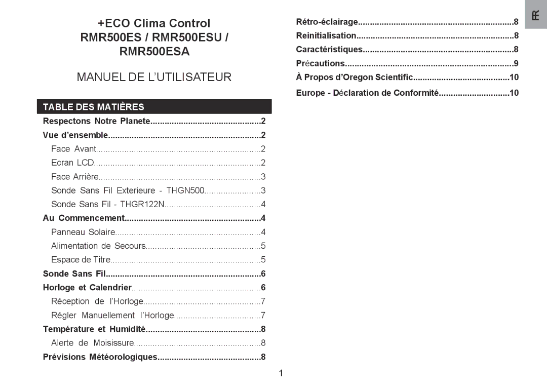 Oregon Scientific RMR500ESU user manual RMR500ESA, Table DES Matières 