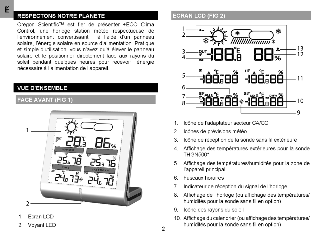 Oregon Scientific RMR500ESU Respectons Notre Planete, VUE D’ENSEMBLE Face Avant FIG, Ecran LCD Voyant LED, Ecran LCD fIG 