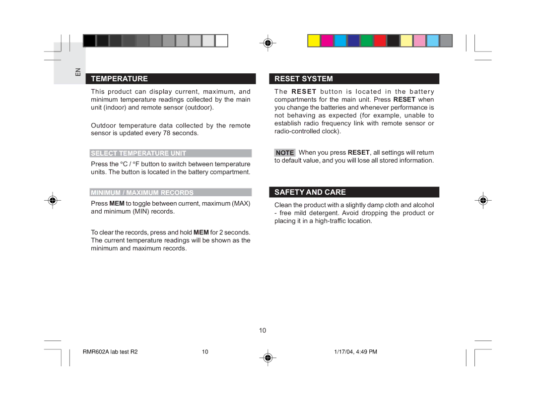 Oregon Scientific RMR602A user manual Reset System, Safety and Care, Select Temperature Unit, Minimum / Maximum Records 