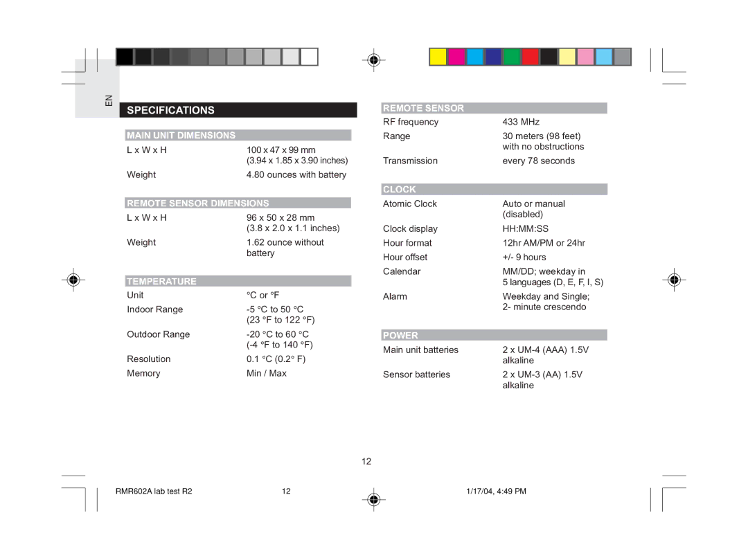 Oregon Scientific RMR602A user manual Specifications 